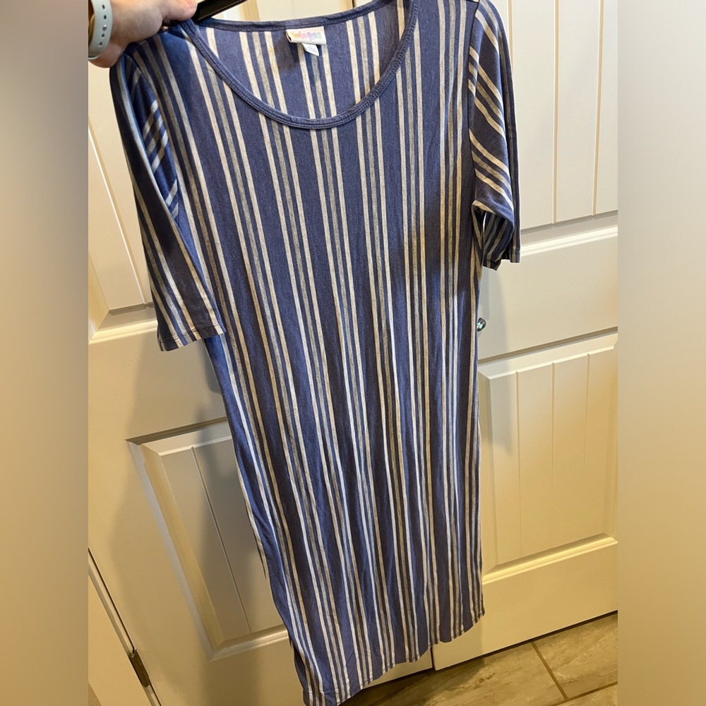 Blue and white striped, LuLaRoe, mid-length dress